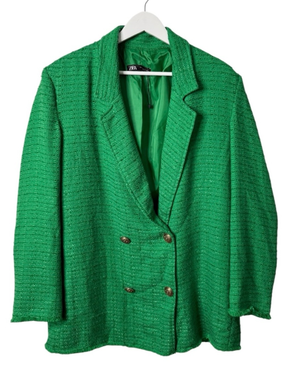 NEW Zara Tweed Double Breasted Notch Lapel Blazer Jacket Emerald Green Medium